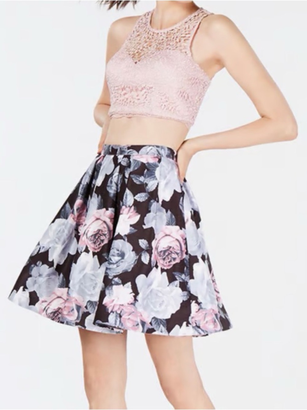 Sequin Hearts Black Skater Skirt with Pink & Gray Floral Print